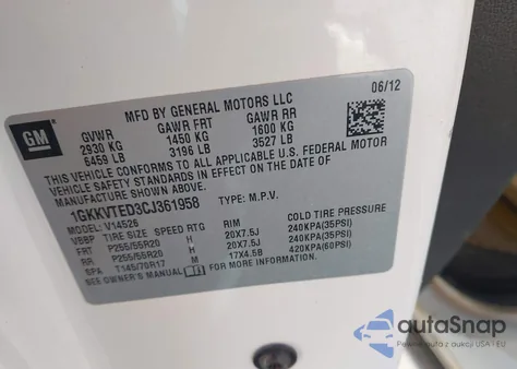 2012 GMC Acadia Denali z USA, uszkodzony, nr VIN 1GKKVTED3CJ361958